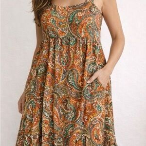 Paisley Print Maxi Dress in Orange and Green